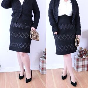 Vintage Black Knit Pencil Skirt Chevron Silver M